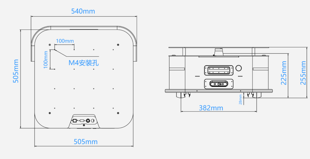 GC AGV&AMR Robotics S30 AMR chassis dimension drawing with M4 mounting holes