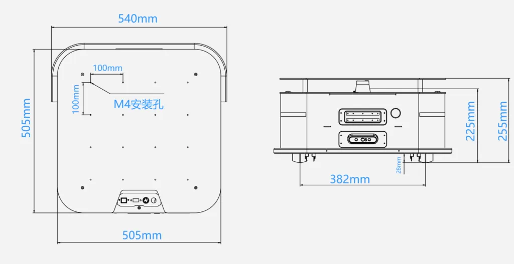 GC AGV&AMR Robotics S30 AMR chassis dimension drawing with M4 mounting holes