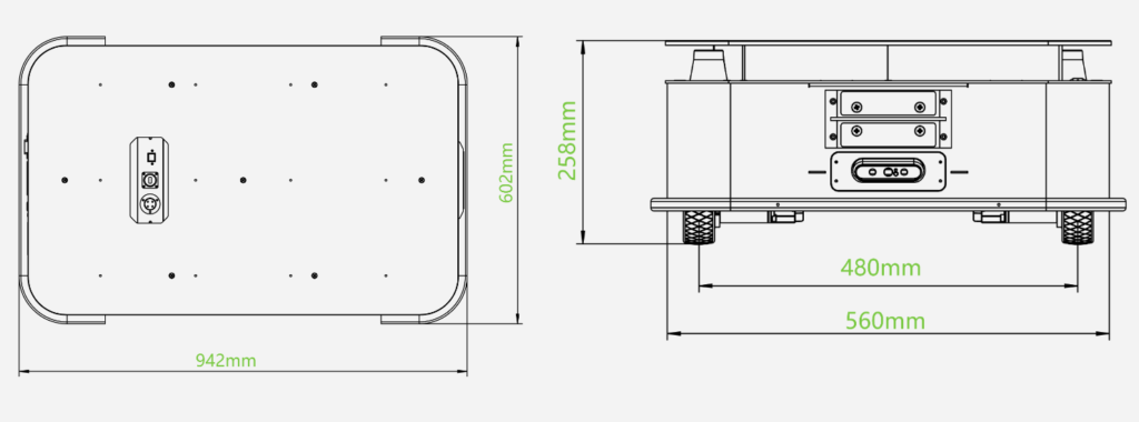 P500 heavy-load AMR robot chassis technical dimension drawing with top and side view size parameters