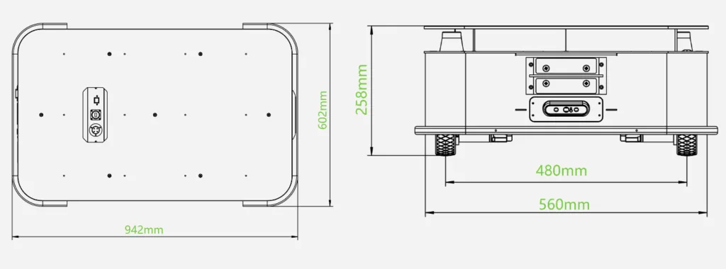 P500 heavy-load AMR robot chassis technical dimension drawing with top and side view size parameters
