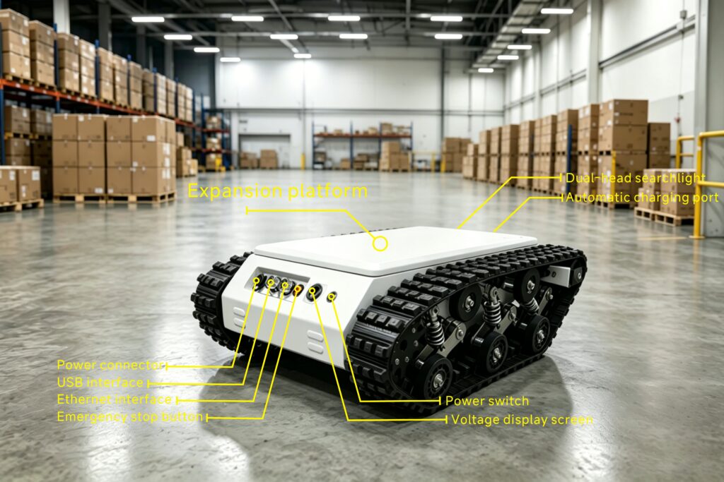 Tracked crawler robot base with expansion platform, multi data interfaces, industrial inspection mobile chassis for agriculture and factory patrol
