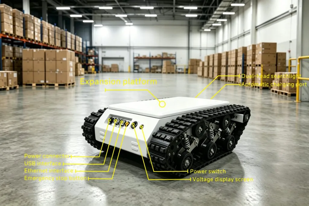 Tracked crawler robot base with expansion platform, multi data interfaces, industrial inspection mobile chassis for agriculture and factory patrol