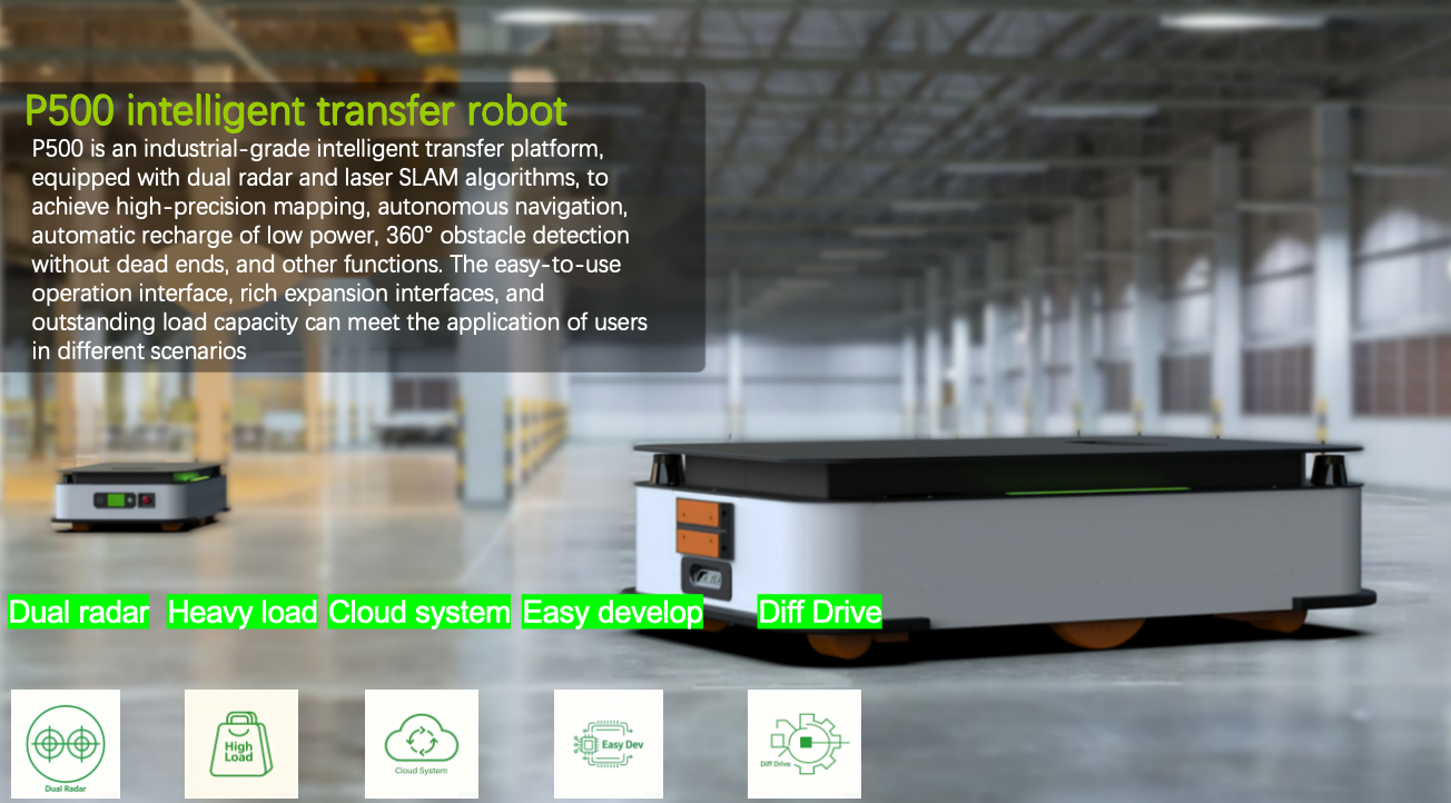 GC AGV&AMR Robotics P500 industrial transfer AMR robot with dual radar SLAM & heavy load capacity