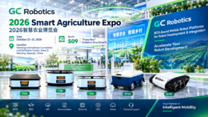 GC Robotics P500, C30 and S30 indoor mobile robot platforms, W100 wheeled and D100 tracked outdoor robot chassis at Smart Agriculture Expo 2026.